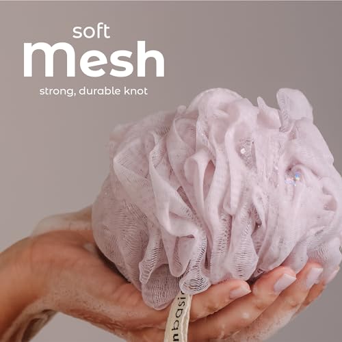 MainBasics Shower Loofah Sponge Pouf, Set of 3, Perfectly Pink | Soft Mesh Body Scrubber and Bath Sponge for Gentle Exfoliation, Rich Lather, and Everyday Shower Use - style: Perfectly Pink