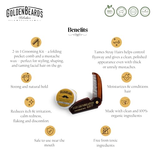 Golden Beards Mustache Wax with GB-77 Folding Comb – Organic & Natural Styling Wax for Men – Strong Hold, Vegan, Cruelty-Free Grooming Kit - style: Folding Comb