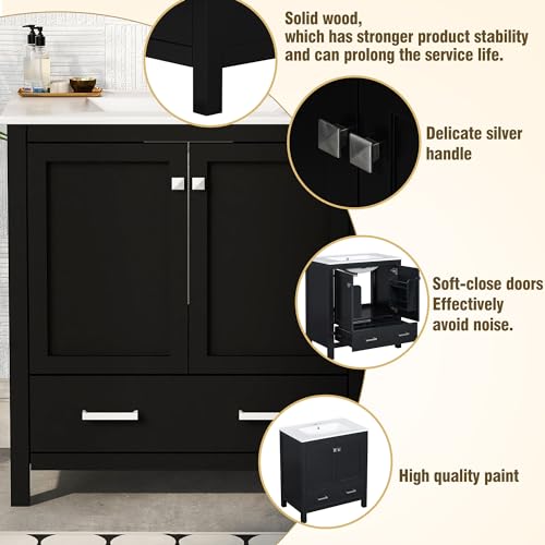 Linique 30" Modern Bathroom Vanity with Sink Combo Set, Solid Wood Frame Bathroom Storage Cabinet with 2 Soft Closing Doors and a Drawer, Multifunctional Storage, Black - color: Black