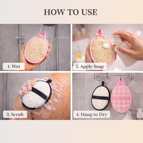 SERRENTO Couples Loofah Body Scrubber Set, Natural Shower Sponge, 4 Count - color: Black and White