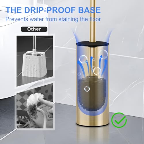 304 Stainless Steel Toilet Bowl Brush and Holder Set, Circular Floor Toilet Brush Holder, Long Handle, Bathroom Heavy-Duty Cleaner, High-End Cylinder Wall,2 Brush Head (Brushed Gold) YIGUANXIN - color: H-brushed Gold