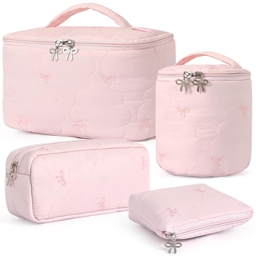 4Pcs Quilted Makeup Bag Set, Cute Bowknot Puffy Makeup Bag Toiletry Bag w/ Bow Zipper Travel Essentials Large Water-Resistant Travel Makeup Bag Versatile Cosmetic Organizer Pouch for Women Girls - color: Pink