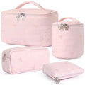 4Pcs Quilted Makeup Bag Set, Cute Bowknot Puffy Makeup Bag Toiletry Bag w/ Bow Zipper Travel Essentials Large Water-Resistant Travel Makeup Bag Versatile Cosmetic Organizer Pouch for Women Girls - color: Pink