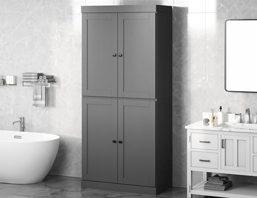 Palace Imports Solid Wood Tall Bathroom Pantry Cabinet with 4 Shaker Doors & Adjustable Shelves, Gray - 100% Eco-Friendly, Renewable, Space-Saving Storage, 71.5" H x 32" W, Made in Brazil - color: Grey