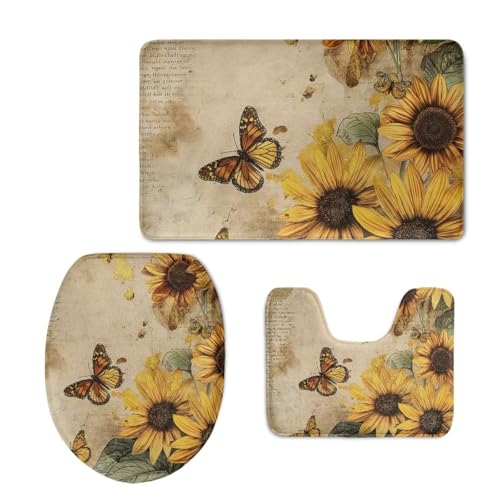 Butterfly 3 Piece Bathroom Rug Set Sunflower Bathroom Rug Set Non-Slip Bath Rugs Washable Bathroom Mat with Toilet Lid Cover Contour Mat Bath Rug for Shower Tub Bathroom Accessory Set - color: Butterfly Sunflower