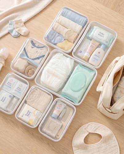 3 Pack Large Clear Hard Shell Zipper Case, Diaper Bag Organizer Pouches, Water-Resistant Travel Toiletry Bags for Baby Essentials, Toys, Cables, Crafts, Makeup, White - size: L3