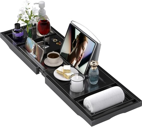 Bathtub Tray Caddy, Expandable Bath Trays for Tub, Bamboo Shelf & Table with Wine Glass Holder,Bathroom Accessories for New Home & Mothers Day & Birthday Gifts for Mom,Black - color: Black