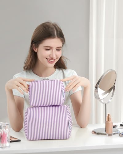 Narwey Striped Makeup Bag Travel Cosmetic Bag Organizer Toiletry Bag Make Up Bags with Compartments for Women Girls (Large, Purple Stripe) - color: A-Purple Stripe, style: Large