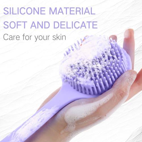 Sunnyray 2 Pack Silicone Back Scrubber for Shower with 15" Long Handle Double-Sided Bath Body Brush for Exfoliating Easy to Clean Quick Dry Deep Cleaning Lathers Well(Purple) - color: Purple