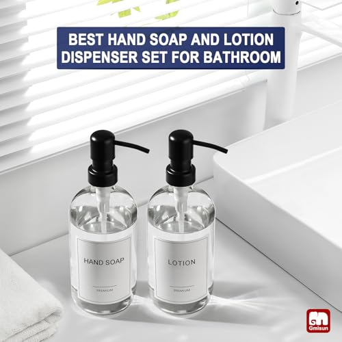 GMISUN Glass Soap Dispenser with Pump, 2 Pack Clear Bathroom Hand Soap Dispenser with Stainless Steel Pump, 17 Fl Oz Refillable Kitchen Hand and Dish Soap Dispensers Set, Modern Liquid Pump Bottles - color: Clear Bottle + Black Pump