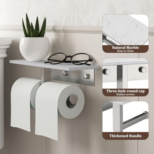 BWE Double Toilet Paper Holder with Shelf, Wall Mounted Tissue Roll Holder for Bathroom, Commercial Toilet Paper Dispenser, Marble Toilet Paper Storage Holder with Phone Shelf (Brushed Nickel) - color: Double Brushed Nickel