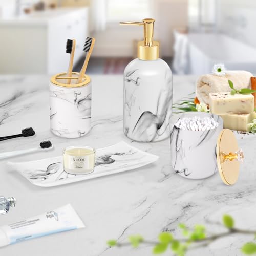 Haturi Bathroom Accessories Set, 4 Pcs Marble Look Sets Soap Dispenser & Toothbrush Holder Counter Top Restroom Apartment Decor Stuff, Glass Kits, Gift for Women and Men, Ink White - style: White