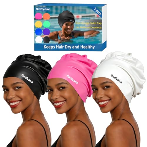 3 Pack Extra Large Swim Cap for Braids & Dreadlocks - Waterproof Silicone Swim Hat for Women with Long Thick Hair, Protective Swim Cap Cover Ears for Swimming, Shower, Bathing - color: Black+Pink+White