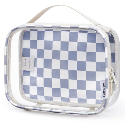Narwey TSA Approved Clear Toiletry Bag for Travel, Waterproof PVC Clear Makeup Bags Portable Compact Cosmetic Bag Make Up Organizer Airport Airline Quart Size Compliant Bag (Grayish Blue Checkerboard) - color: Grayish Blue Checkerboard