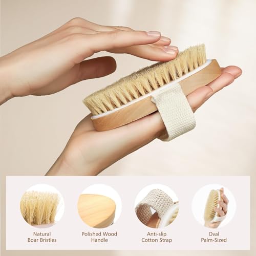 POPCHOSE Dry Brushing Body Brush, Natural Bristle Dry Skin Exfoliating Brush Body Scrub for Flawless Skin, Cellulite Treatment, Lymphatic Drainage and Blood Circulation Improvement - size: 2 Count (PP+Boar Bristles)