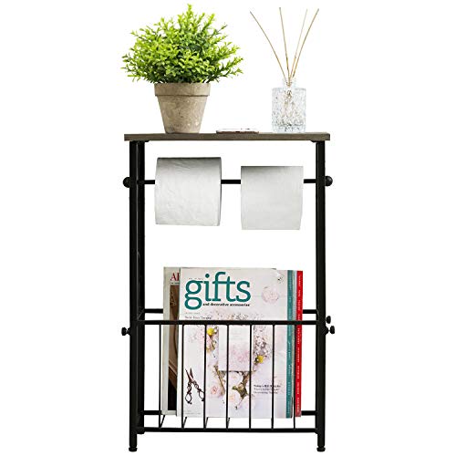 MyGift Toilet Paper Roll Holder Stand and Magazine Organizer Rack with Gray Solid Wood Display Shelf, Freestanding Bathroom Storage, Scrollwork Black Metal - color: Gray