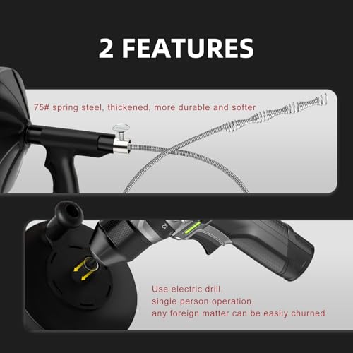 Drain Snake Auger, 50 Feet Flexible Plumbing Snake with 1/4" Drill Adapter, Manual or Drill Powered Drain Cleaner for Kitchen Sink, Bathroom & Shower Drains, Includes Gloves Storage Bag, Black - color: Black-50FT