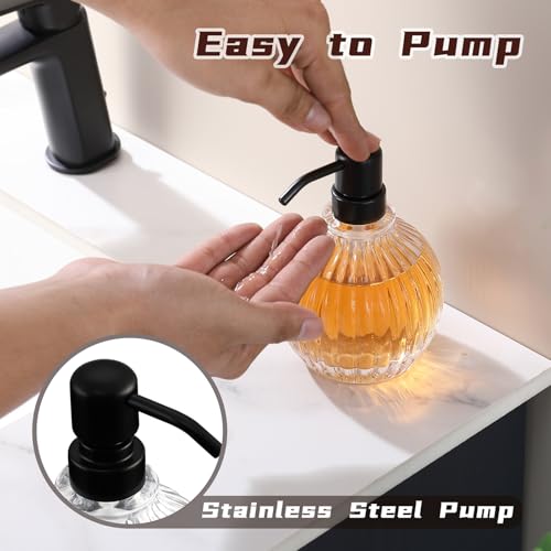 Round Soap Dispenser Bathroom with Black Pump, Glass Pump Bottle with Stainless Steel Pump Liquid Sphere Soap Dispenser Circular Countertop Kitchen - color: Black, size: 11oz-Round