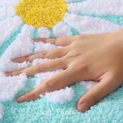 QJHOMO Bathroom Rugs Set 2 Piece, Cute Daisy Bath Mat Green Toilet Rug U Shaped, Flower Deocr Bathroom Set Non Slip Contour Bathmat, Super Absorbent Microfber Floor Mats Machine Washable Carpets - color: Green, size: 1'8" x 2' (Rectangular & U-Shape)