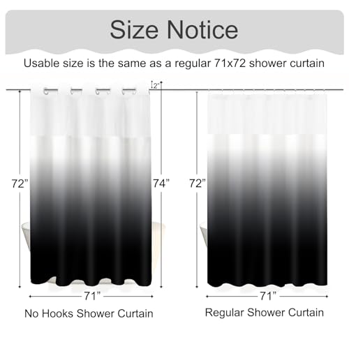 No Hook Shower Curtain with Snap in Liner, Black and White Shower Curtains and Liner Set, Ombre Black Hotel Fabric Bath Curtain for Bathroom, Mesh Top Window Waterproof Washable, 71" x 74" - color: Ombre Black, size: 71"W x 74"L (Pack of 1)