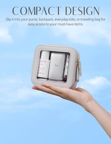 Popvibe Small Cosmetic Bag for Purse Mini Makeup Bag Cute Clear Make Up Pouch for Travel Tiny Leather White Make Up Organizer Case for Backpack Toiletry Bag Waterproof Square Pouch with Zipper - color: Beige Grey, style: Mini Chic