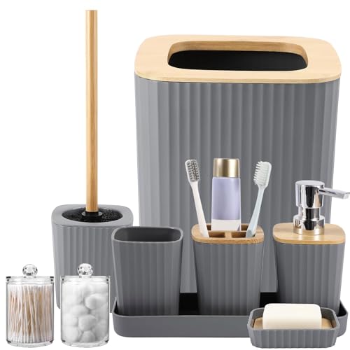 XLHOMO Grey Bathroom Accessories Set, 9 Piece Gray Bathroom Set, Bathroom Accessory Sets Compelete with Trash Can, Toothbrush Holder, Cup, Lotion Dispenser, Tray, Soap Dish, Toilet Brush, Qtip Holders - color: Hollow Grey, size: Hollow Cover Bathroom Set