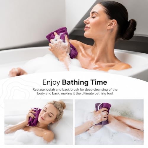 Yiclick Exfoliating Washcloth Towel with Handle, Back Scrubber for Shower, Exfoliating Body Scrubber Exfoliator, Japanese Wash Cloth for Body Scrub, Bath Sponge Loofah Luffa Washer Exfoliator - color: Rose