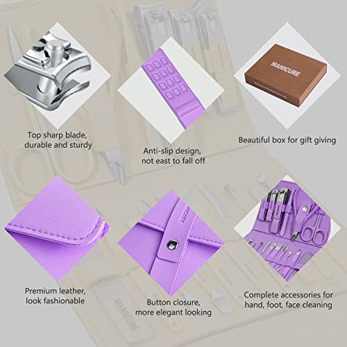 Manicure Set Professional Nail Clippers Pedicure Kit, 16 pcs Stainless Steel Nail Care Tools Grooming Kit with Luxurious Travel Leather Case for Thick Nails Men Women Gift - color: Violet