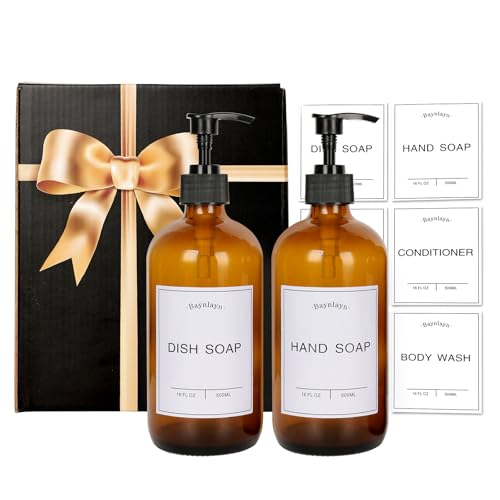 Amber Glass soap Dispenser with Anti-Rust Pump. Refillable Kitchen and Bathroom soap Dispenser for Dish soap, Hand sanitiser, Shampoo, Conditioner, Lotion, Shower Gel Conditioner 16 oz 2pack