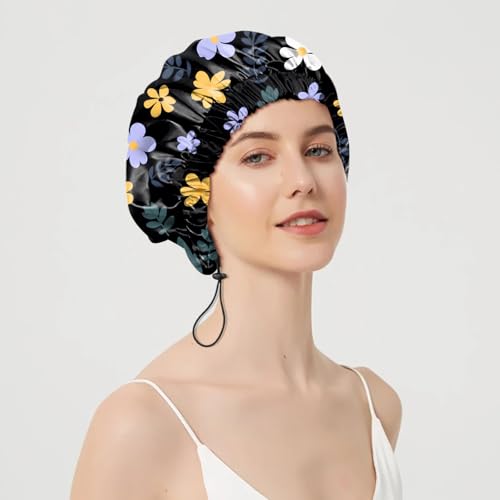 2 PCS Shower Cap Adjustable Reusable Double Waterproof Layer Elastic Hair Bath Cap Cute Aesthetic for Women Girls-Flowers 2 - color: I26-Flowers 2