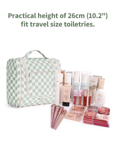 Narwey Hanging Toiletry Bag for Women Travel Makeup Bag Organizer Toiletries Bag for Cosmetics Essentials Accessories - color: ZA-Mint Green Checkerboard