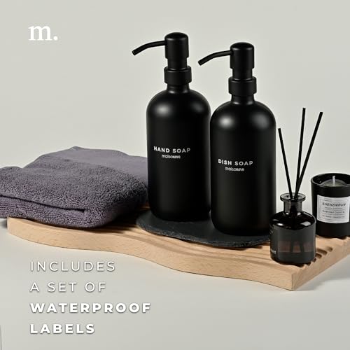 MaisoNovo Soap Dispenser 3 Piece Set - 16.9oz Black Bottles with Black Stainless Steel Pump Core - color: Black Bottles/ Black Pumps/ Black Slate Tray