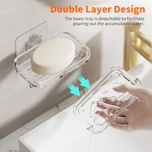 Bar Soap Dish 2 Pack,Self Draining Soap Holder for Shower,Wall Mounted Soap Saver with Strong Adhesive, No Drilling Clear Plastic Holder for Bathroom Storage & Kitchen Sink Organizer,Keeps Soap Dry - color: 2 Pack Dual-layer Soap Dish
