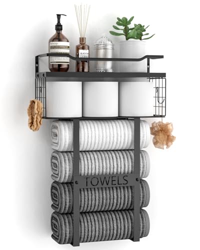 Wall Mounted Towel Rack for Bathroom - Bath Storage Holder Set Above Toilet, Rolled Towel Shelf Organizer, Wood Vertical Rack for Small Bathroom Decor, Black - color: Black