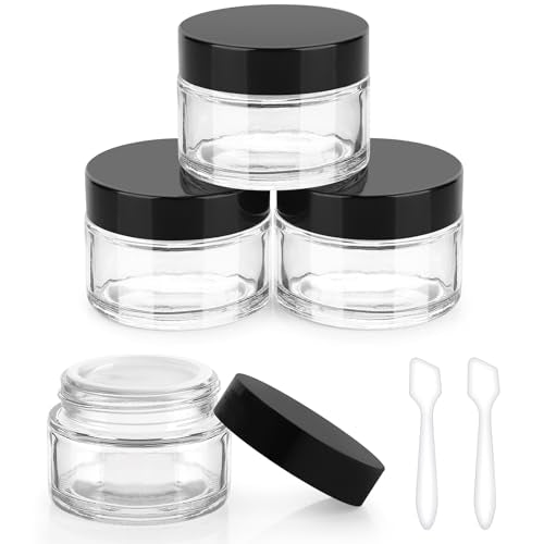 Accmor 1 OZ Glass Jars with Black Lids, 4 Pack Small Empty Cosmetic Containers Round Glass Travel Jars with Inner Liners & Spatulas, Makeup Sample Container for Storing Lotions, Cream, Ointments - color: Black, size: 1 Ounce