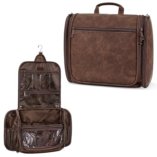 PAVILIA Large Hanging Toiletry Bag for Men Women, Travel Toiletry Organizer with 10 Compartments, Swivel Hook and 3 Leakproof Pockets, Water Resistant Shaving Kit Case, Packs Flat, Brown - color: Brown