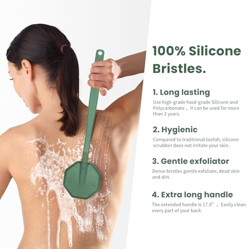 iTokGoK® Silver-Infused Silicone Back Scrubber with Long Handle Back Brush for Shower,Back Brush Long Handle for Men and Women,Ergonomic No-Slip Handle, Long-Lasting (Midnight Green) - color: Midnight Green