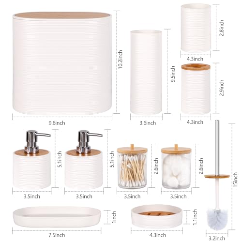Bathroom Accessory Set,10 PCS White Bathroom Accessories Set with Trash Can, Toothbrush Holder, Soap Dispenser, Toothbrush Cup, Vanity Tray, Soap Dish, Toilet Brush, Qtip Holders - color: White
