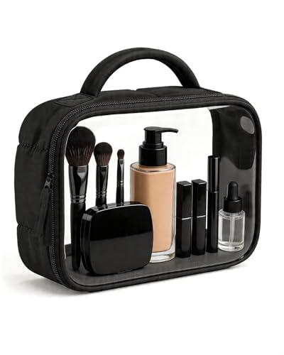 Moyad TSA Approved Toiletry Bag Clear Quart Size Travel Bags Makeup Bag | Large Opening, for Men and Women, Carry on Airline Compliant, Transparent Liquids Pouch, Puffer Black - color: Puffer Black, size: 1 Pack, Handle