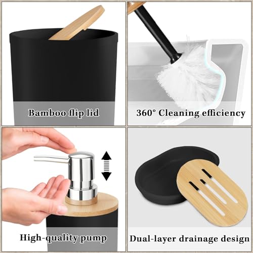 Bathroom Accessories Set - 19 PCS Black Bathroom Set with Shower Curtain, Trash Can, Toilet Brush Holder Toothbrush Holder & Dispenser - Modern Bamboo Plastic Complete Bath Decor for Apartment - color: Black1