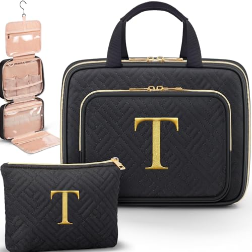 Gifts for Women, Initial Toiletry Makeup Bag Hanging Cosmetic Organizer with Embroidery Letter Personalized Nurse Teacher Appreciation Birthday Mothers Day Gifts for Mom Sister Wife Friends Auntie Her - style: T