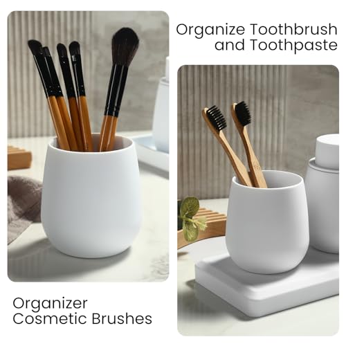 Bathroom Accessories Set, Modern 3 Pcs Bathroom Essentials - Soap Dispenser, Toothbrush Holder & Tray, Countertop Vanity Organizer (White) - color: White