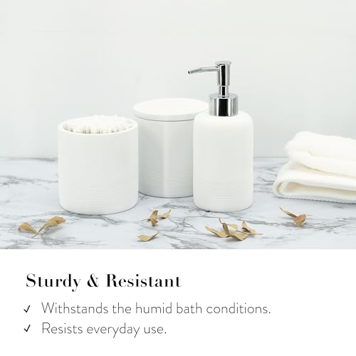 ZCCZ White Bathroom Accessories Set 6 Pieces - Toothbrush Holder, Lotion Dispenser, Qtip Container, Vanity Tray, Tumbler - Countertop Organizer for Bathrooms - Elegant and Functional Décor Set - color: White, size: 6pcs