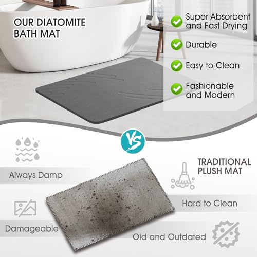 ZIKIBL Stone Bath Mat Diatomaceous Earth Shower Mat Non-Slip Super Absorbent Diatomite Stone Mats for Bathroom Floor/Ktichen Cuonter Quick-Drying Easy to Clean (24''*16'' Grey-Feather) - color: Grey-feather