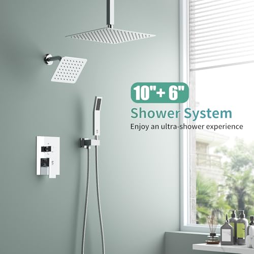 Shower Faucet Set Shower System - SR SUN RISE Polished Chrome Shower Trim Kit with Dual Shower Head, 10'' Ceiling Rainfall 6'' Wall Mount with Handheld Shower for Couples, Complete 6 Diverter Valve - color: Chrome, size: 10 Inch