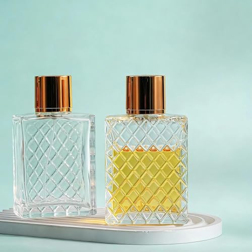 YU FENG 2 Pack 100ml Diamond Lattice Glass Perfume Spray Bottles, Atomizer | Diamond Lattice Texture, Gold Sprayer And Cap, Elegant Refillable Bottle, Fine Mist Atomizer For Perfume, Home And Travel Use - style: Diamond Lattice Texture