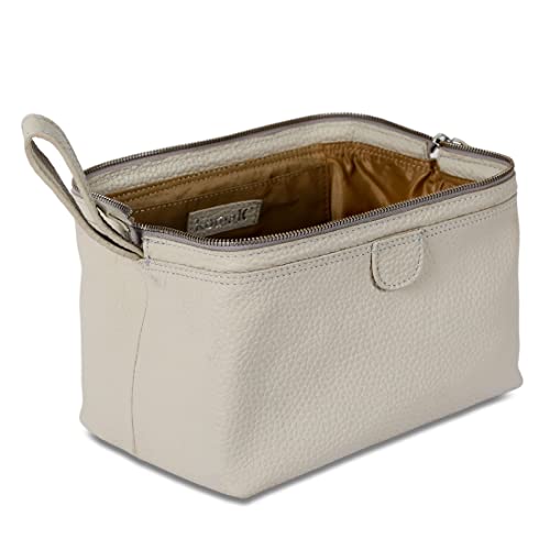 KomalC Premium Buffalo Leather Toiletry Bag for Men & Women With Water resistant Lining, Grooming Travel Pouch, Unisex Wash Bag for Toiletries, Gifts for Men and Women - color: Snow