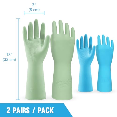JOR Kitchen Dishwashing Gloves, Durable and Reusable Rubber with Non-Slip Grip, For Household Chores, Multi-purpose Use for Pantry, Bathroom Laundry, Medium, 12-inch Long Cuff, 2 Pairs, Green & Blue