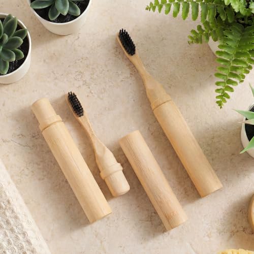 3 Pcs Foldable Horse Bristle Travel Toothbrushes Bamboo Toothbrush Case Holder Kit Soft Bristle Travel Toothbrushes with Reusable Compact Case for Traveling Camping Daily Use