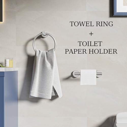 Toilet Paper Holder & Towel Holder, Bathroom Hardware Set-SUS304 Stainless Steel Double Post Pivoting Tissue Roll Holder and Hand Towel Ring Set for Bathroom, RV, Brushed Nickel - color: Brushed Nickel